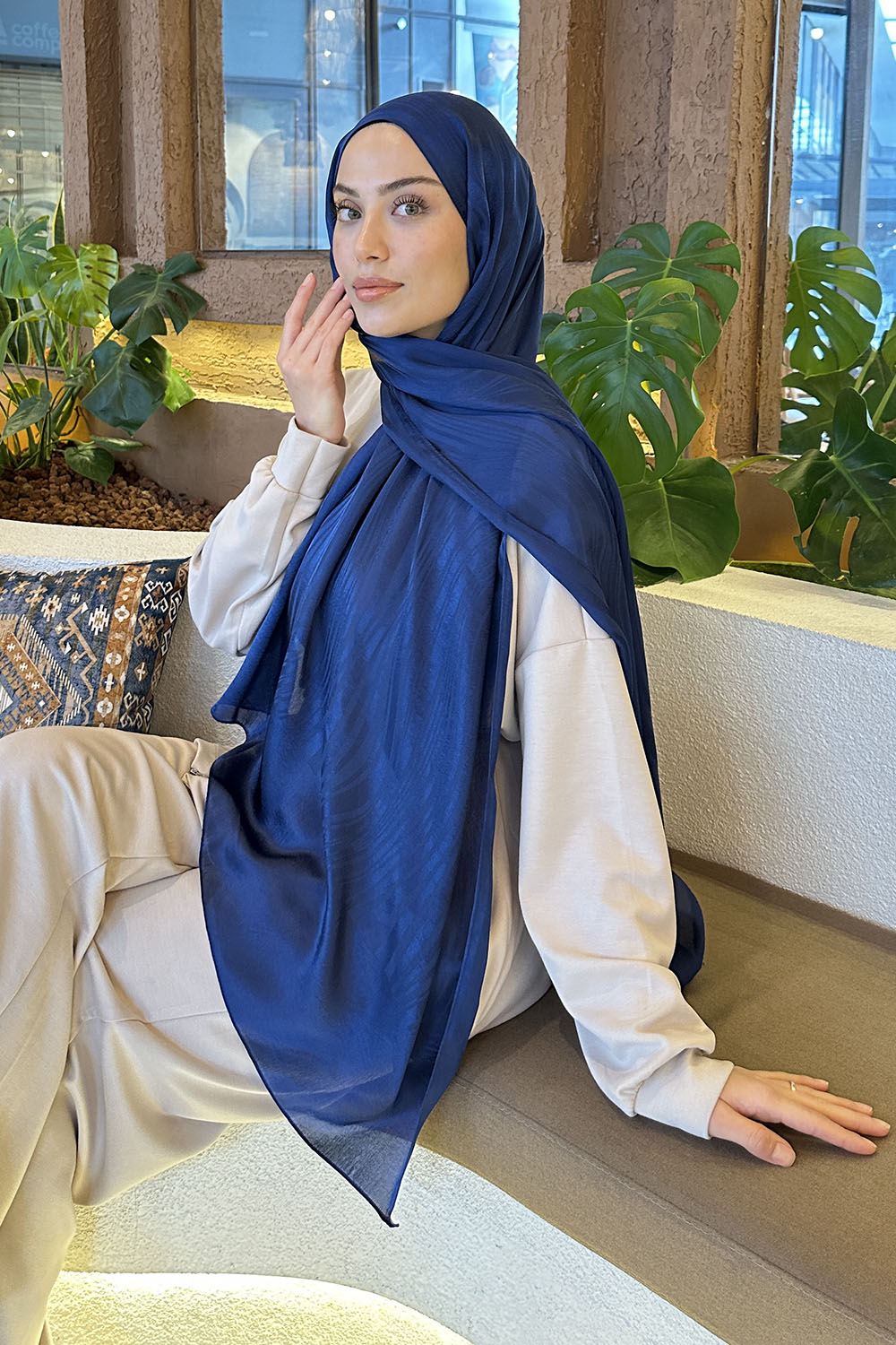 Lamelif Su Yolu Desen Janjan Jakar Şal Gece Mavisi