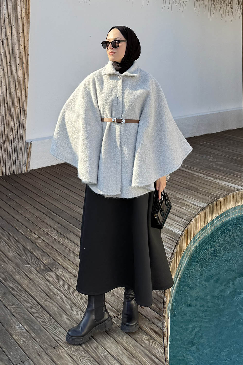 Lamelif Tek Düğmeli Beli Kemerli Sakallı Panço Gri