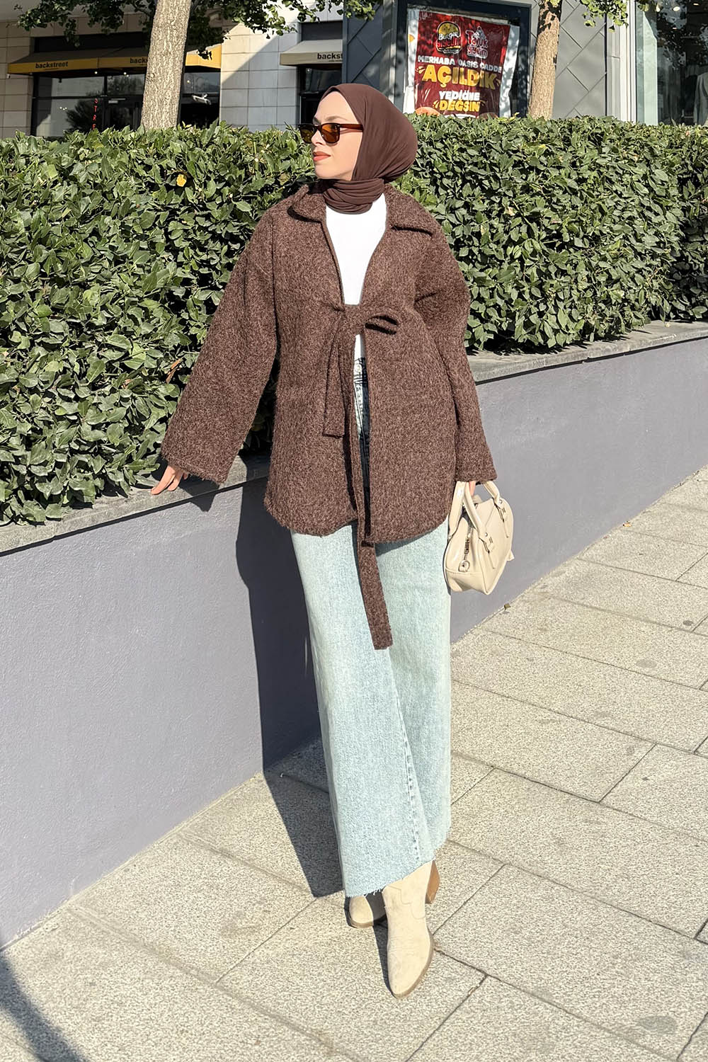 Lamelif Bağlama Detaylı Ceket Acı Kahve