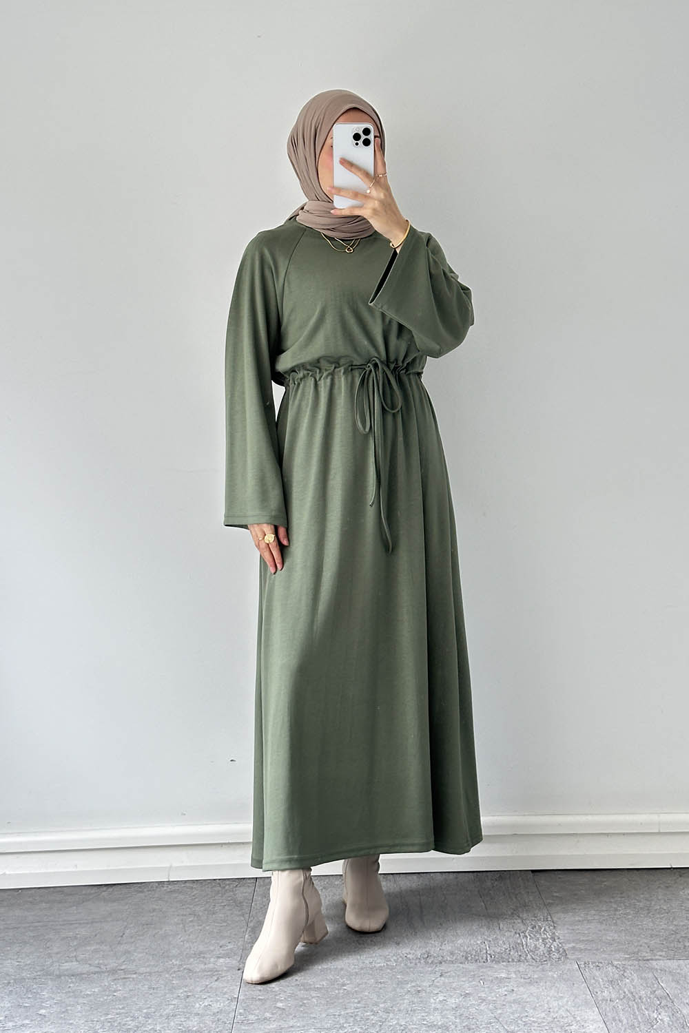 Lamelif Bel Tünel Detaylı Elbise Haki