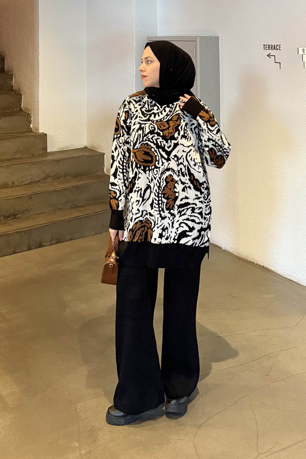 Lamelif Desenli Triko Takım Camel