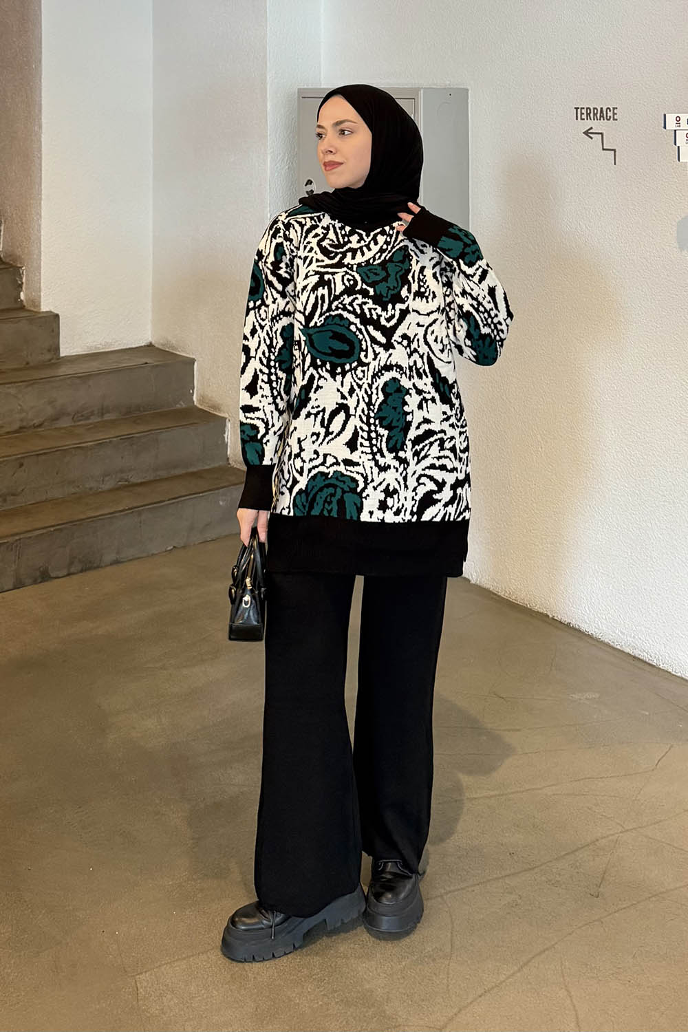 Lamelif Desenli Triko Takım Zümrüt