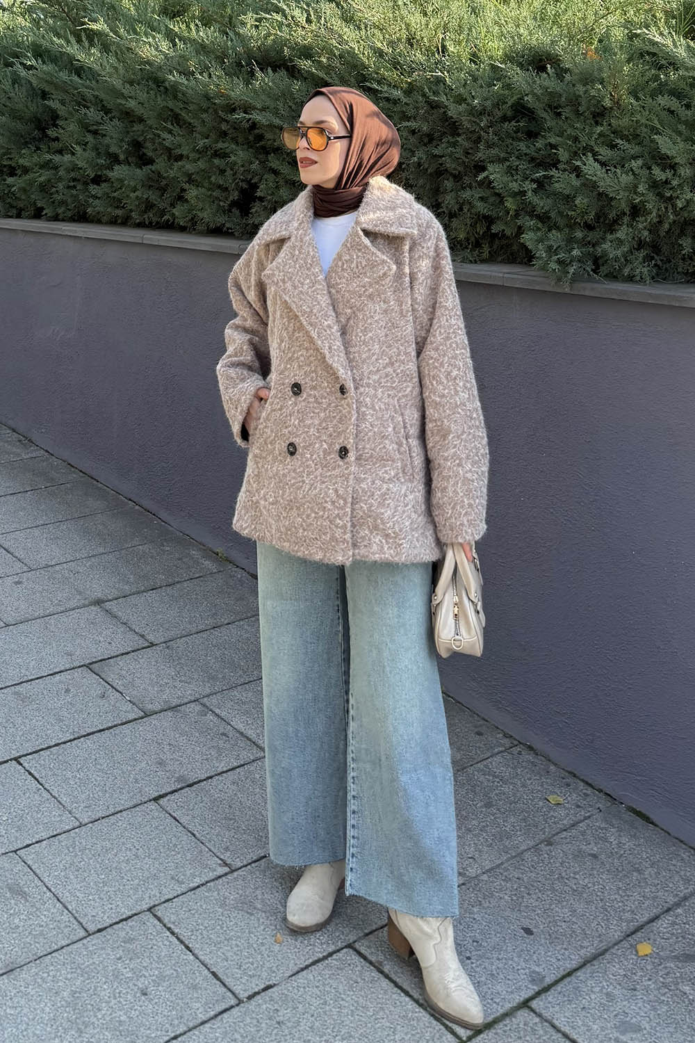 Lamelif Sakal Kumaş Kaban Sütlü Kahve