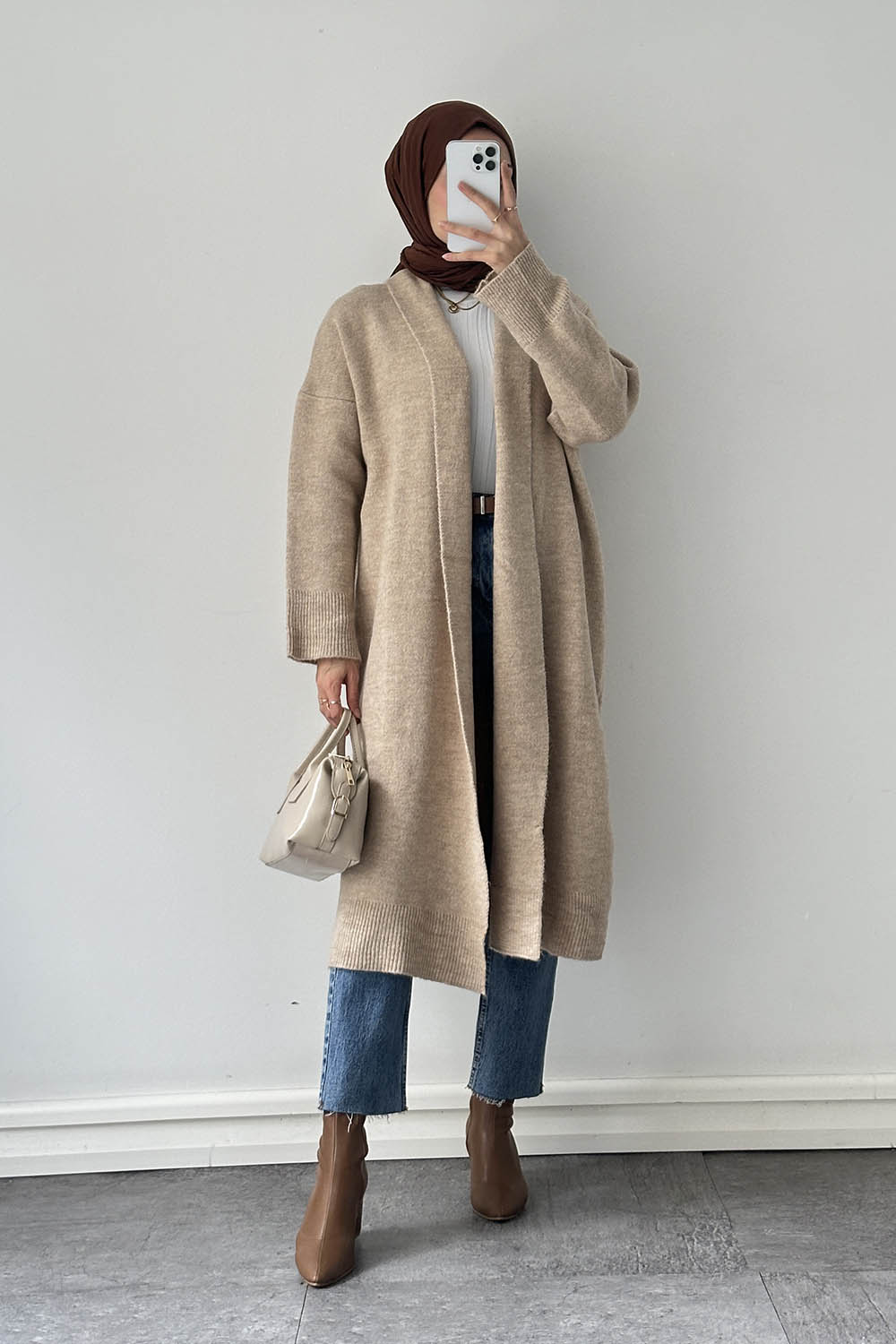Lamelif Şal Yaka Uzun Triko Hırka Bej