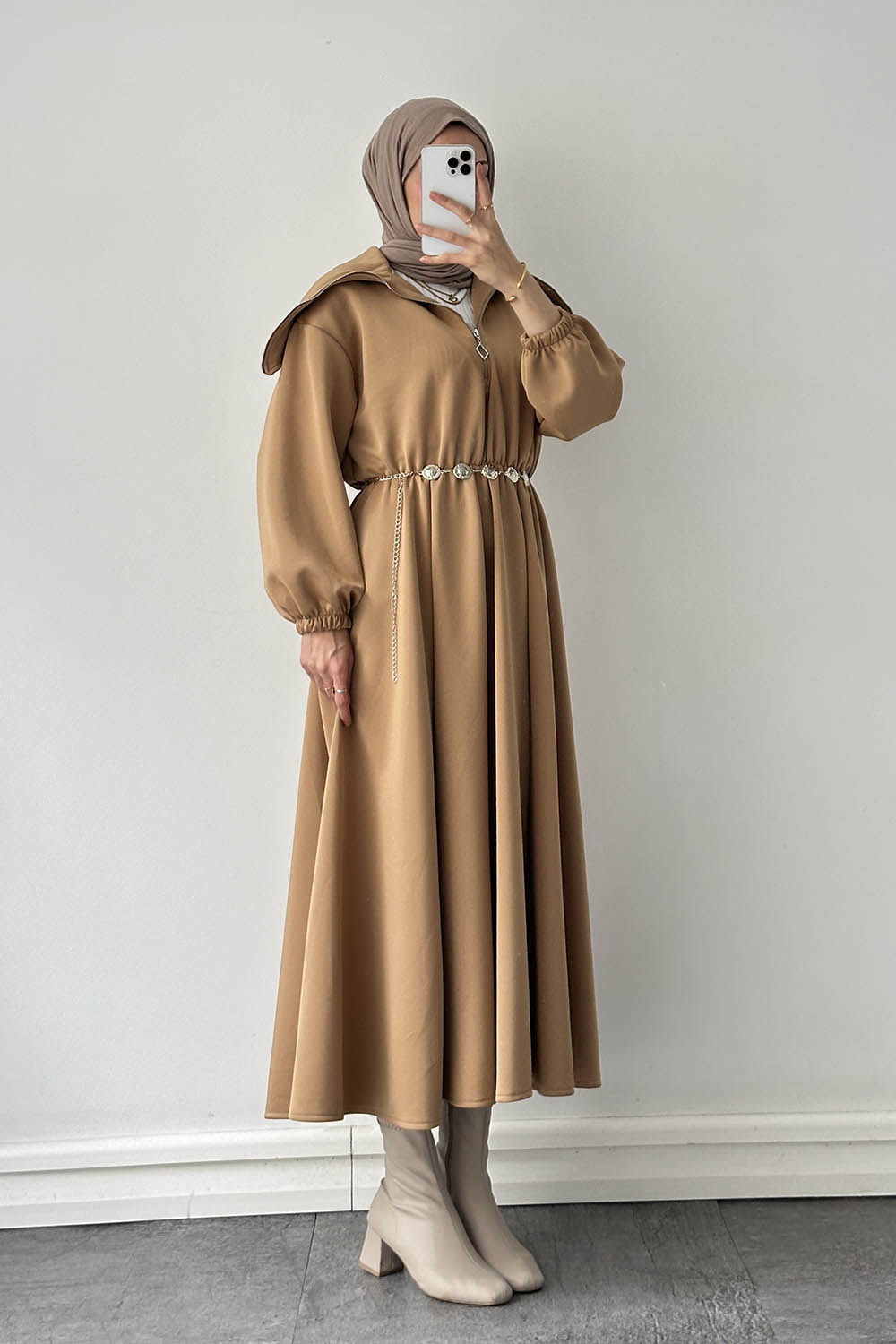 Lamelif Scuba Kemerli Elbise Sütlü Kahve