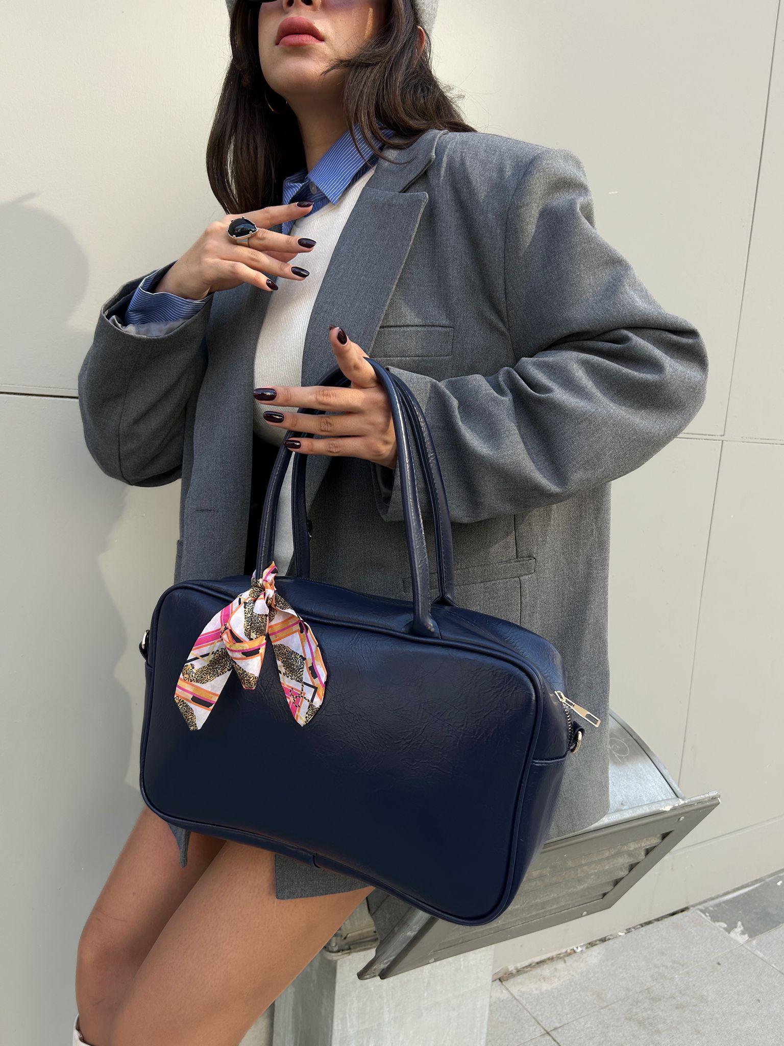 Kadın Suni Deri Omuz ve El Çantası fular Kombin 