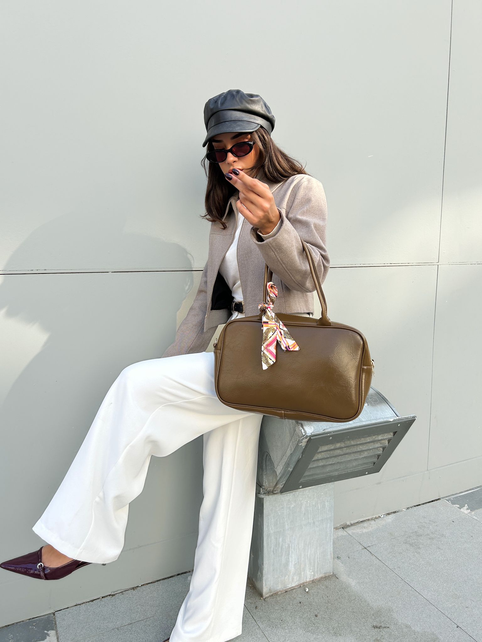 Kadın Suni Deri Omuz ve El Çantası fular Kombin 