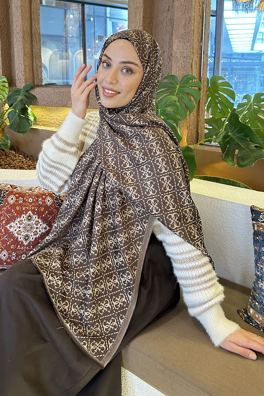 Bitter Brown Cotton Fabric Striped Shawl