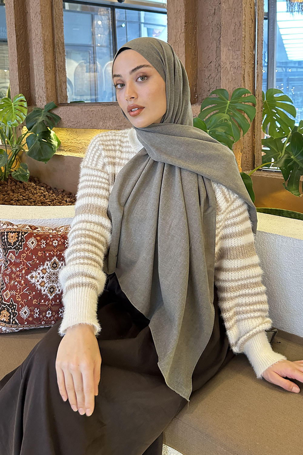 Lamelif Küf Yeşili Keten Şal