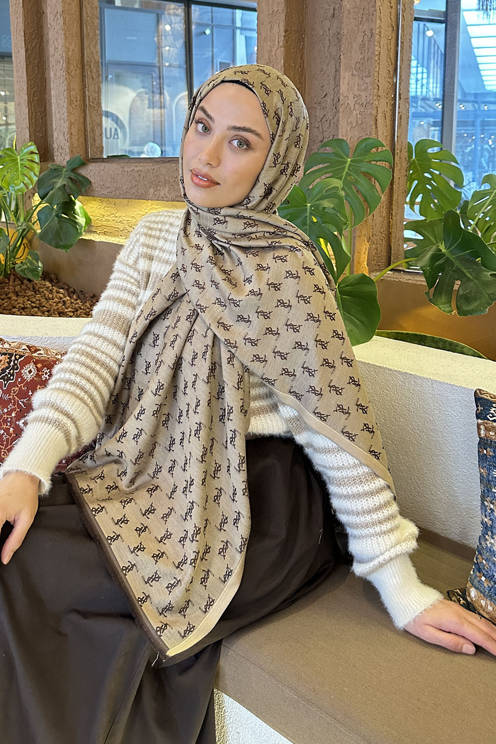 Lamelif YSL Desen Kaşmir Çift Taraflı Şal Acı Kahve