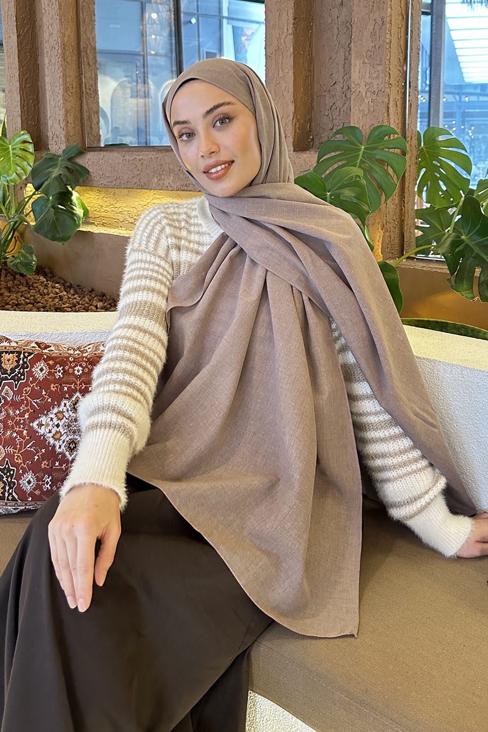 Plaid Brown Linen Straight Shawl