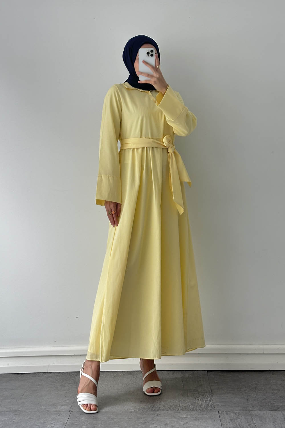 Soft Yellow Shirt Collar Cotton Dresess