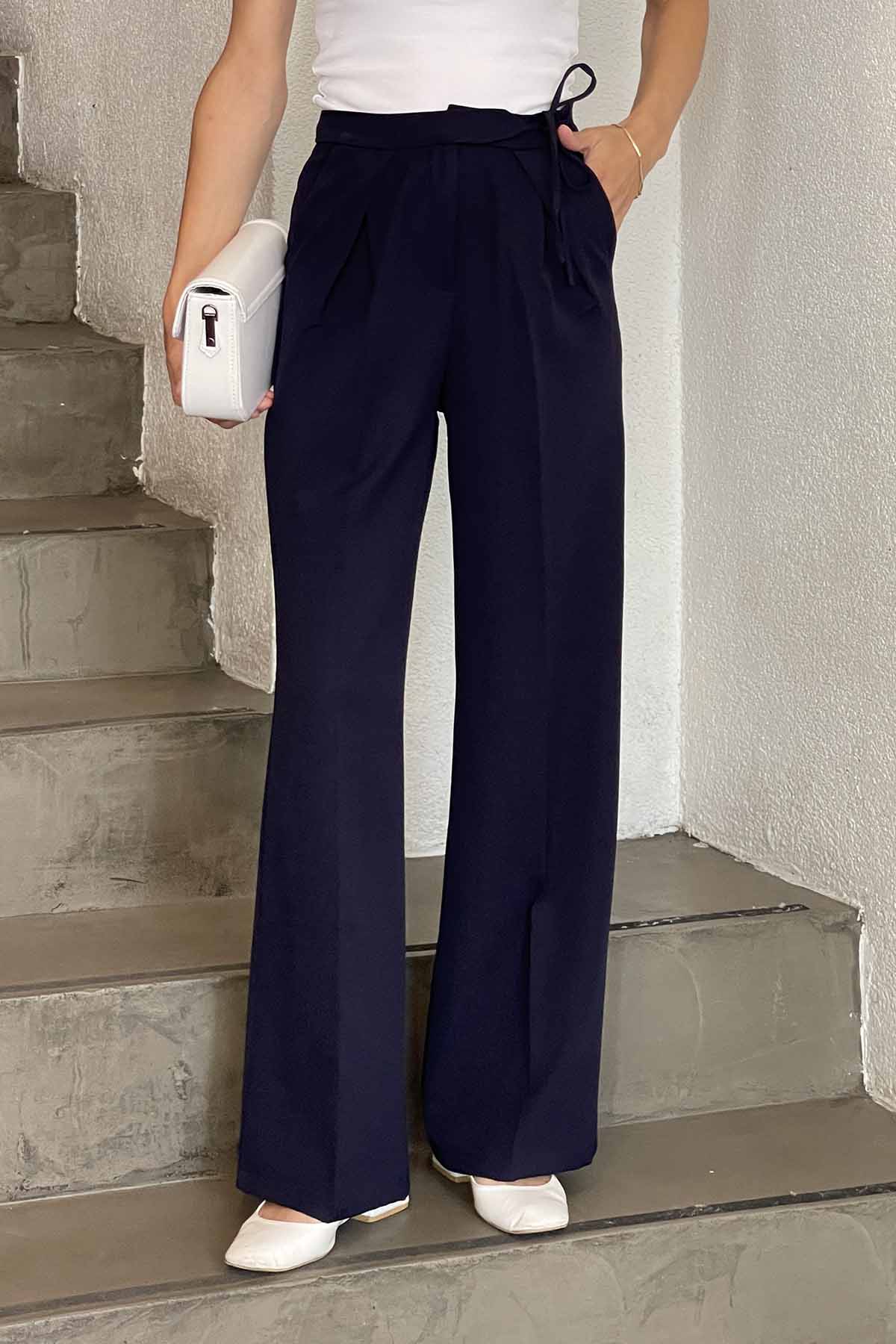 Navy Blue Polyester Normal Waist Material Pants