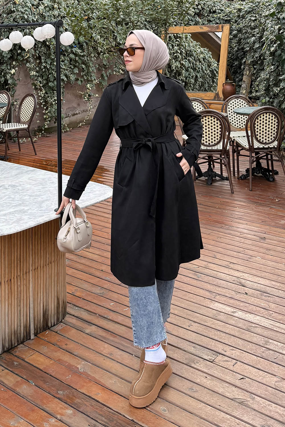 Lamelif Omuz Apoletli Süet Trençkot Siyah