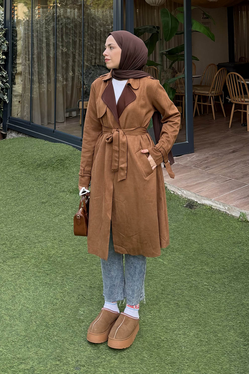 Lamelif Omuz Apoletli Süet Trençkot Taba