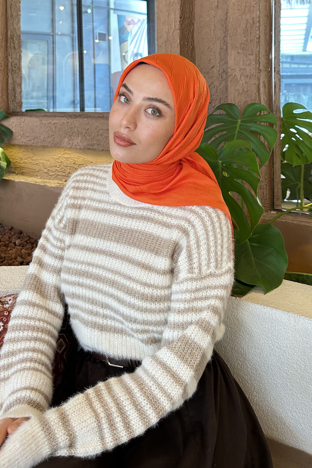 Orange Cotton Fabric Striped Scarf