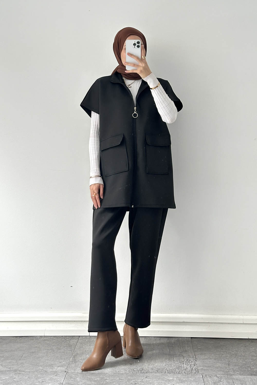 Black Neckband Half Arm Arm Cotton Regular Trousers Comfortable Suit