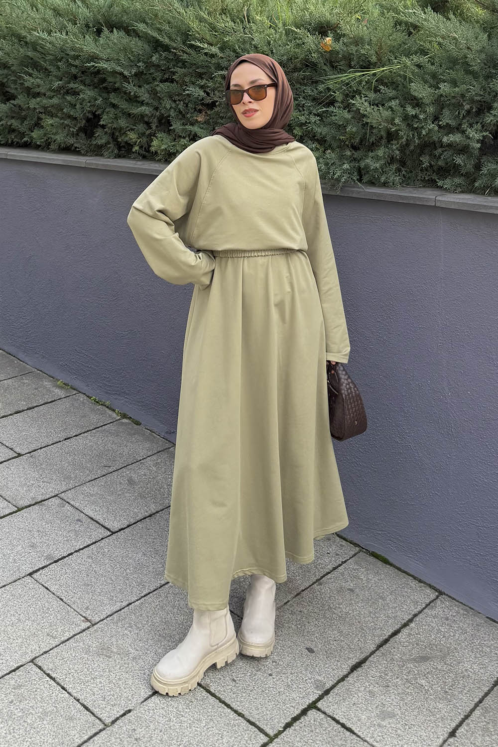 Lamelif Yarasa Kol Etekli Tesettür Takım Çağla Yeşili
