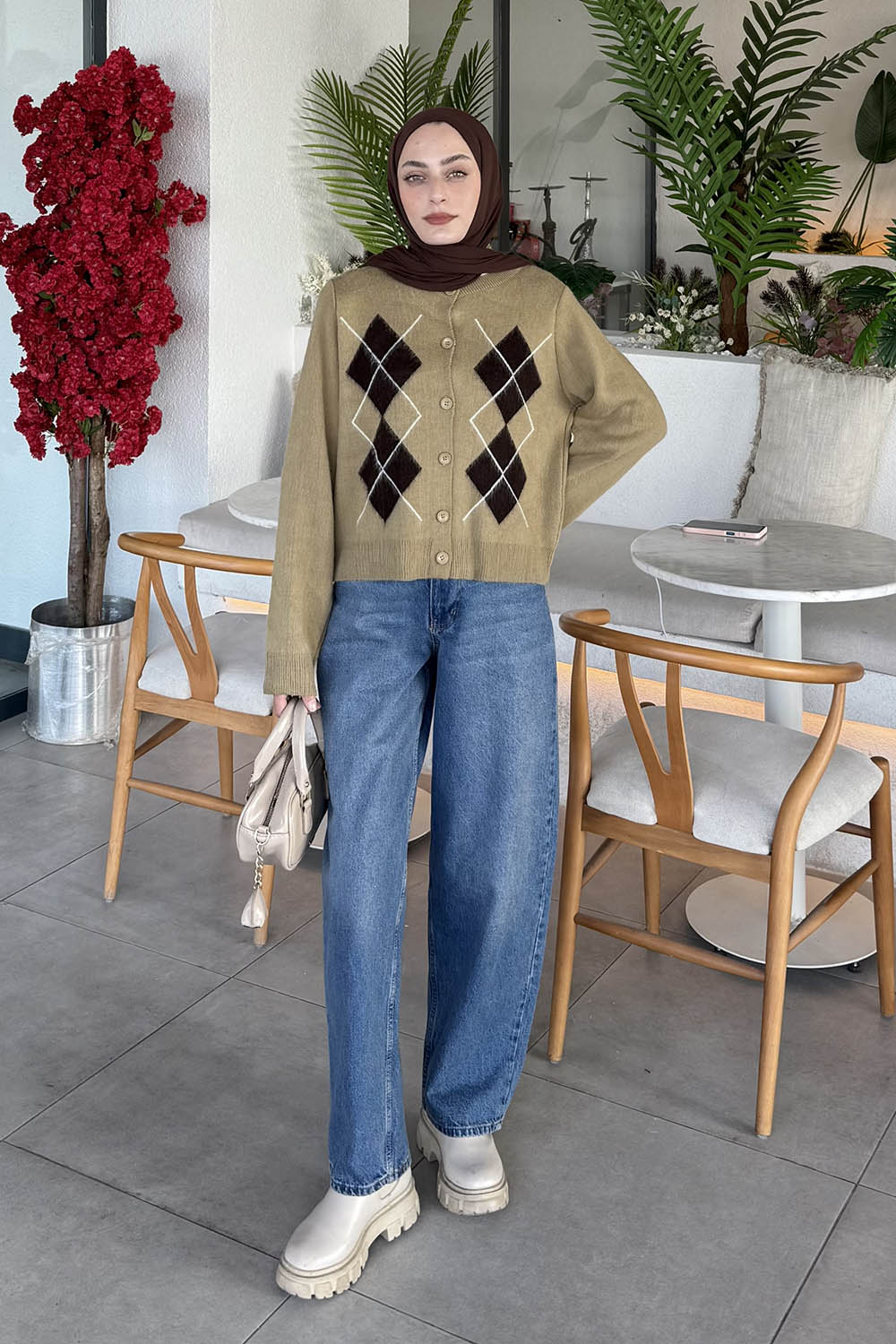 Lamelif Baklava Desen Düğmeli Hırka Haki