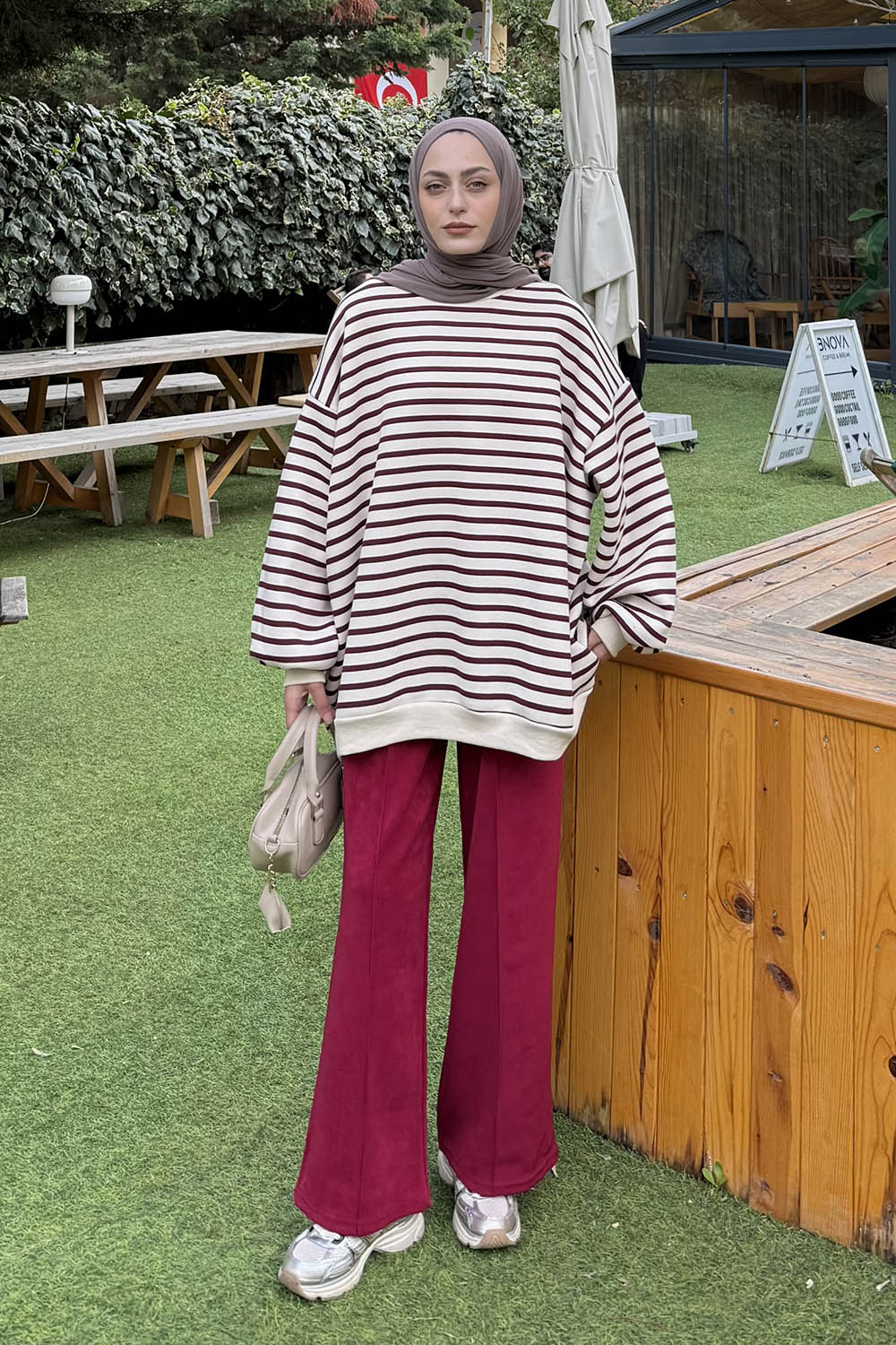 Lamelif Çizgili Oversize Sweatshirt Bordo