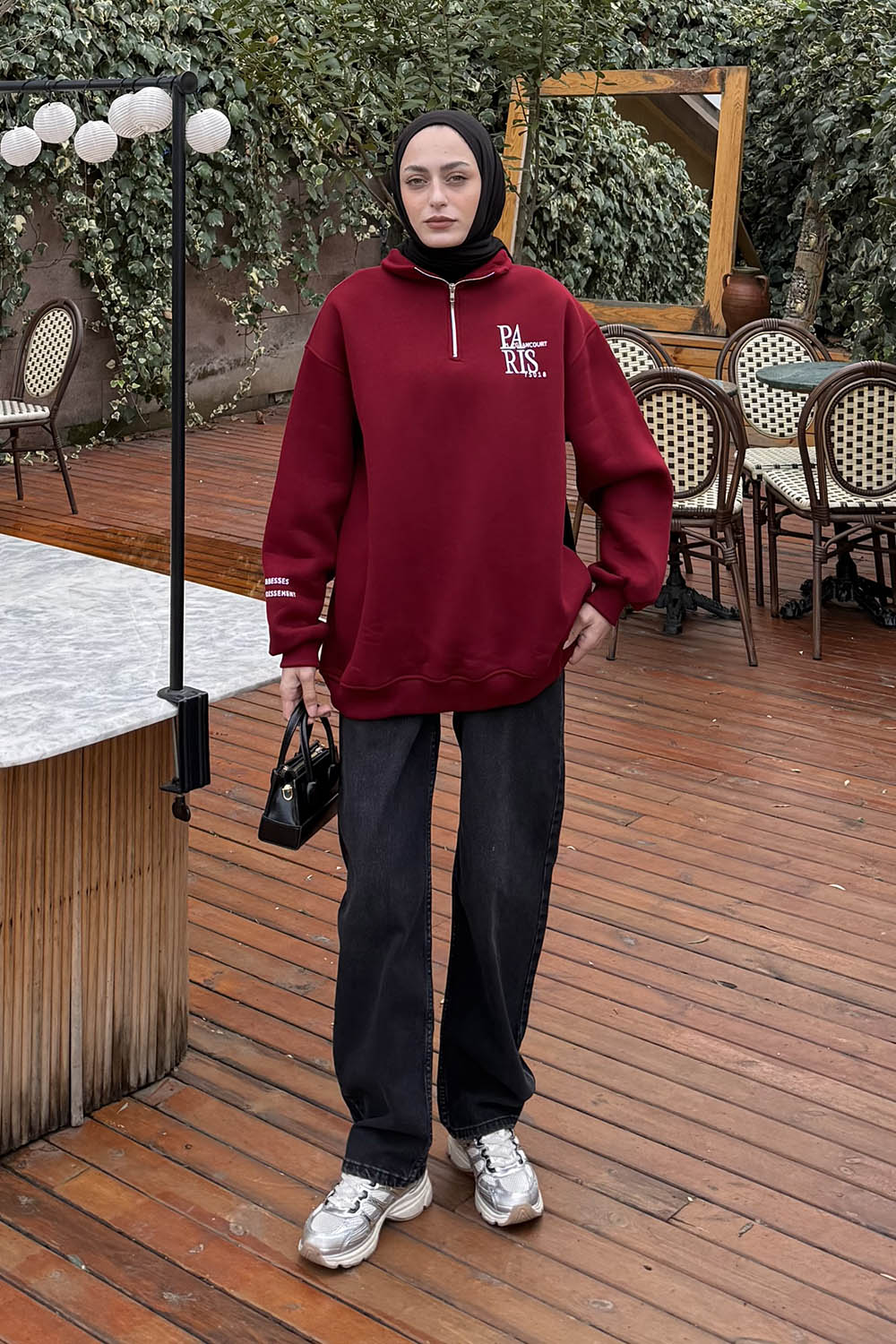 Lamelif Fermuar Yakalı Paris Nakışlı Sweatshirt Bordo