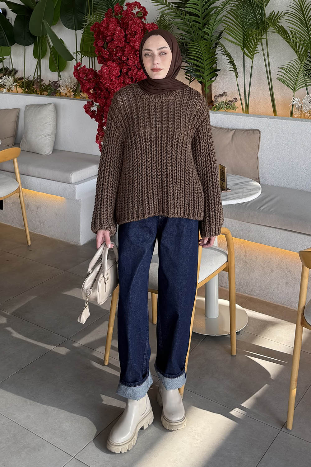 Lamelif Örgülü Kalın Kazak Acı Kahve