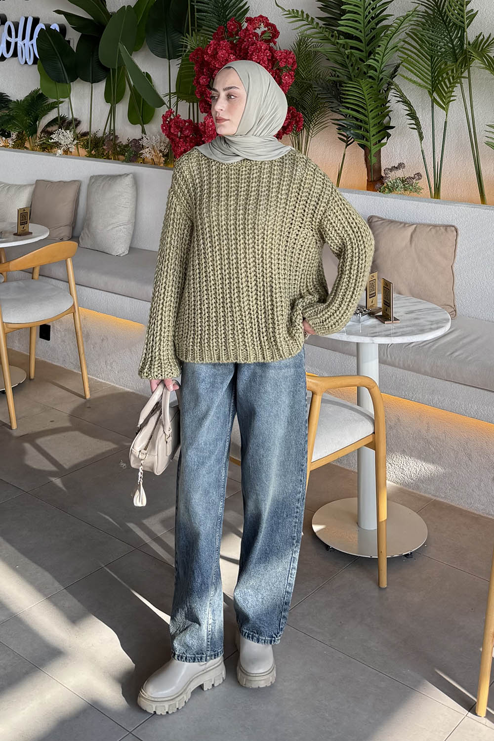 Plum Green Crew Neck Long Arm Jumper