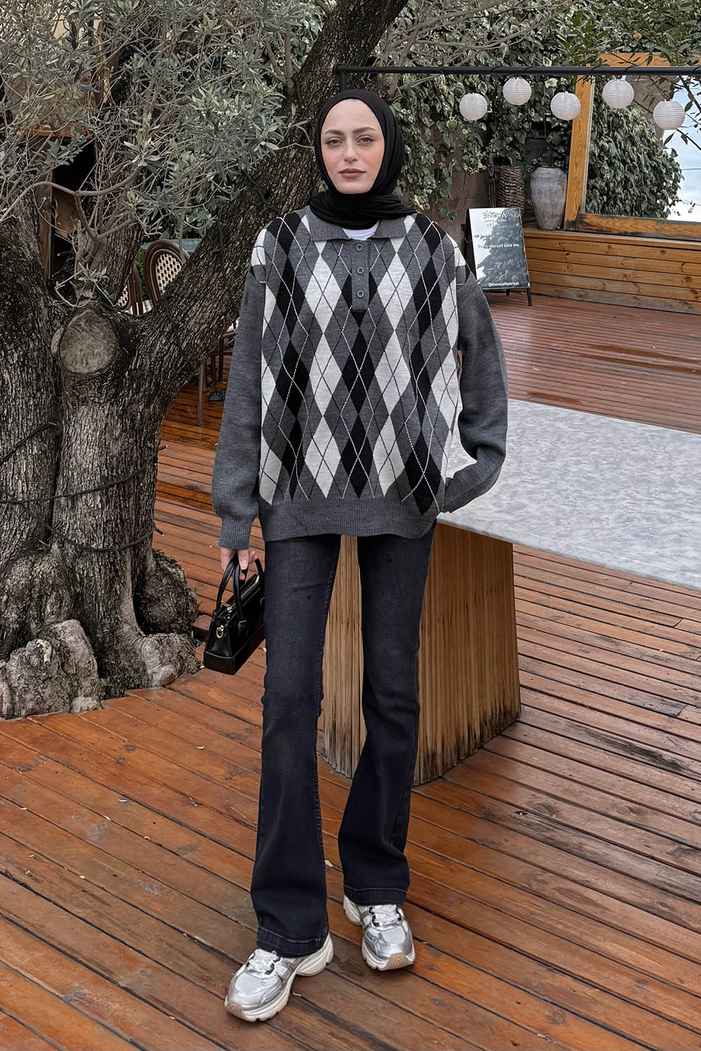 Lamelif Polo Yaka Baklava Desen Kazak Gri