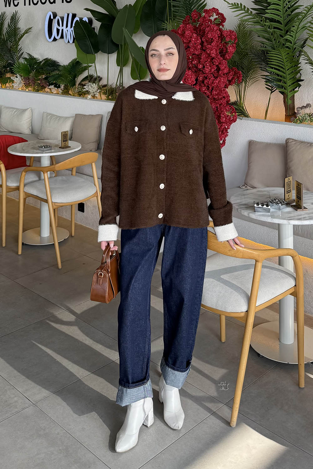 Lamelif Polo Yaka Hırka Acı Kahve