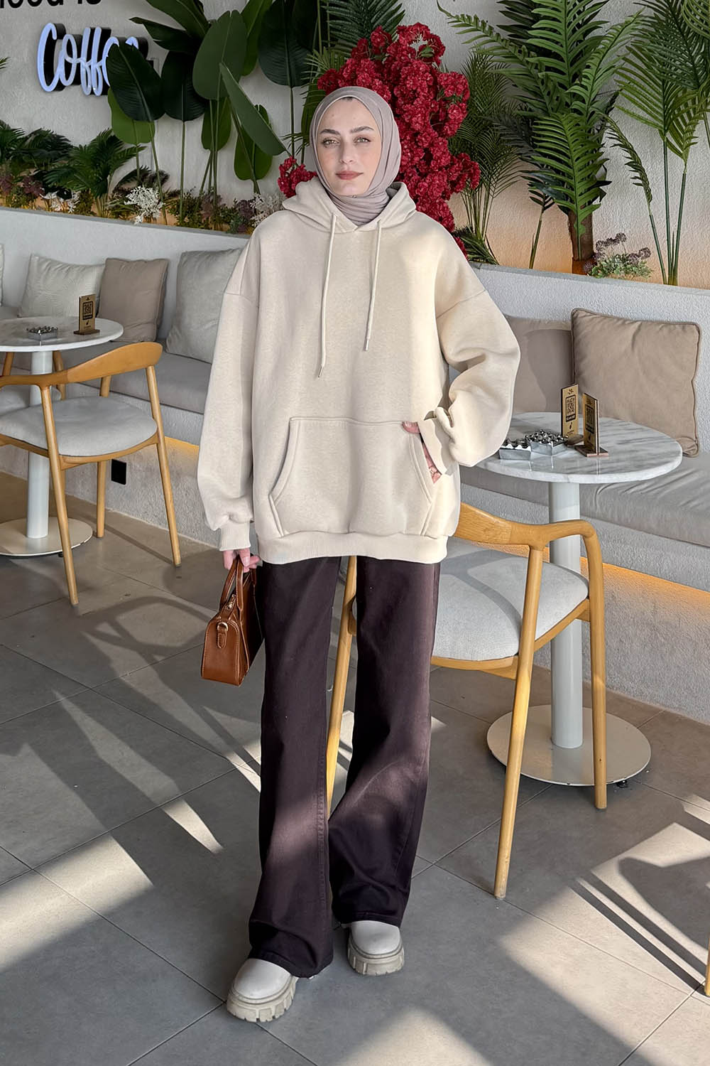 Lamelif Üç İplik Kanguru Cep Sweatshirt Bej