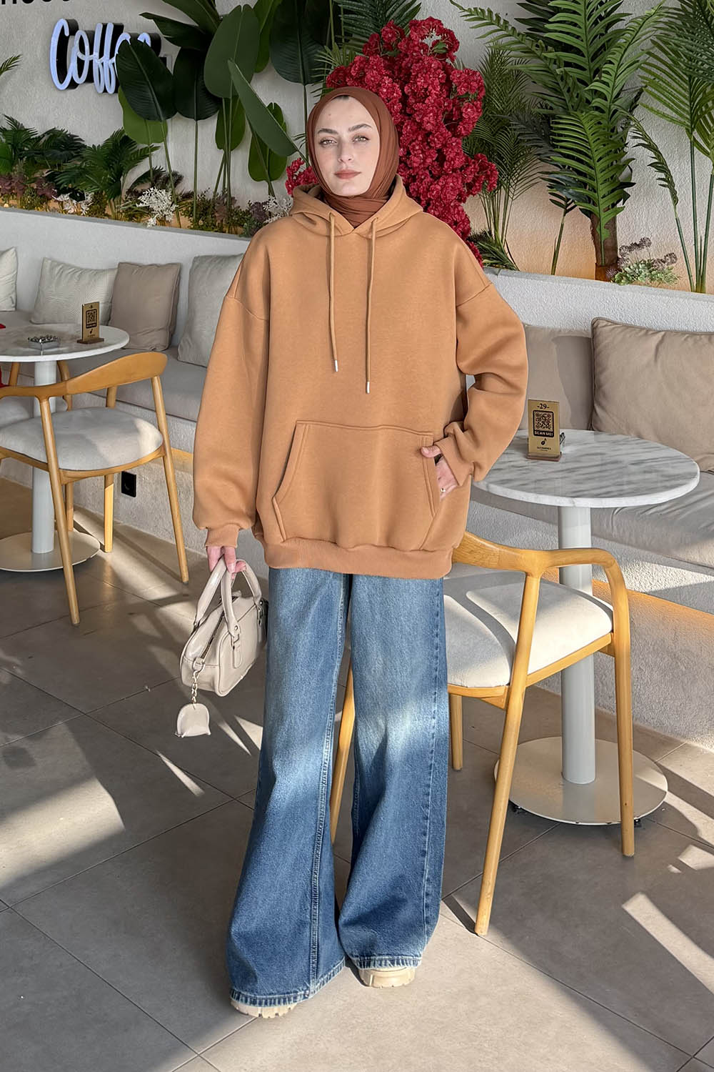 Lamelif Üç İplik Kanguru Cep Sweatshirt Camel