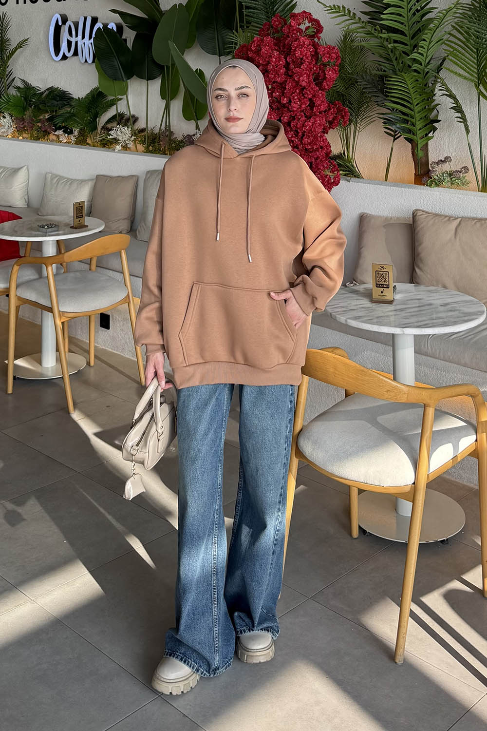 Lamelif Üç İplik Kanguru Cep Sweatshirt Sütlü Kahve