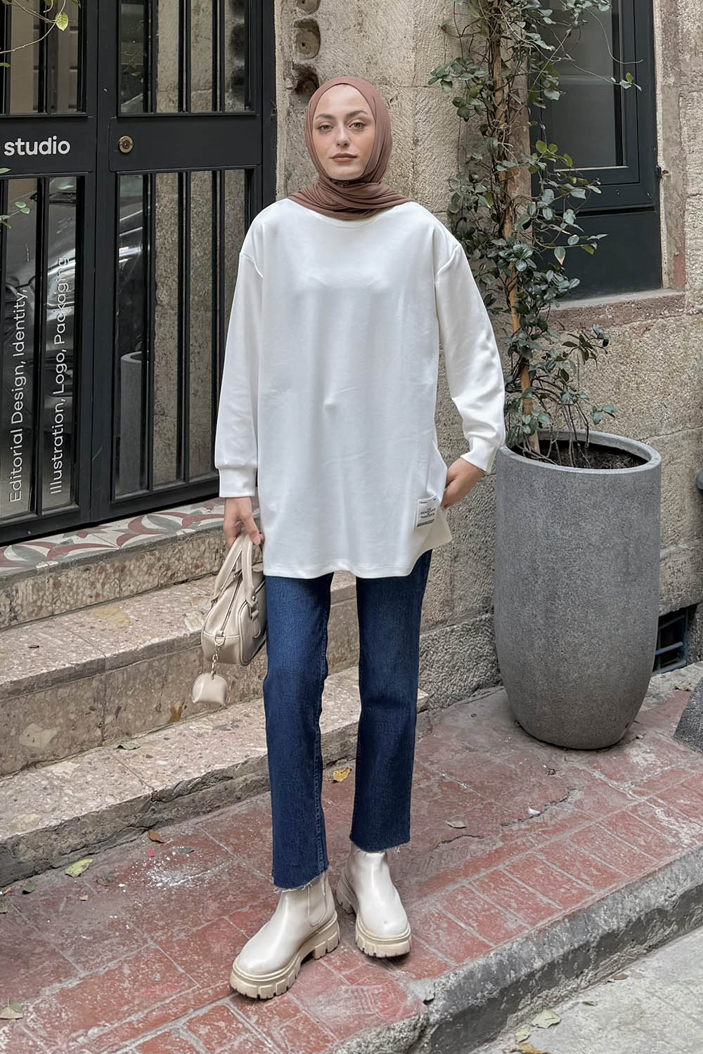 Lamelif Armalı Tesettür Sweat Beyaz