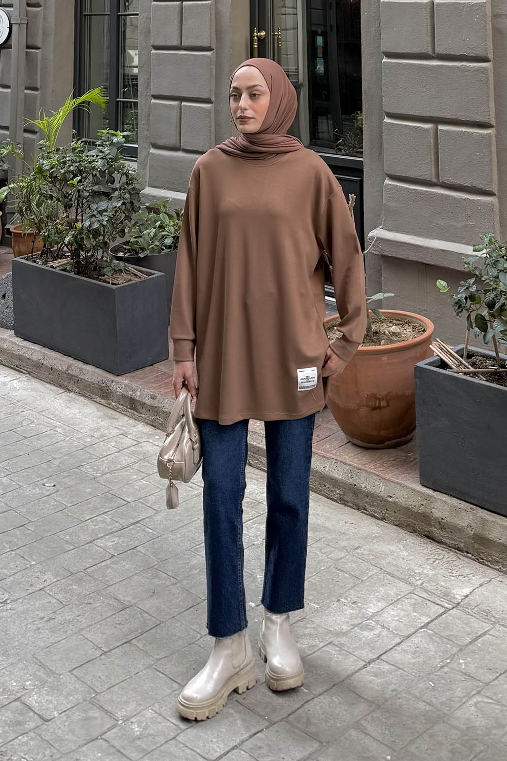 Lamelif Armalı Tesettür Sweat Soft Kahve