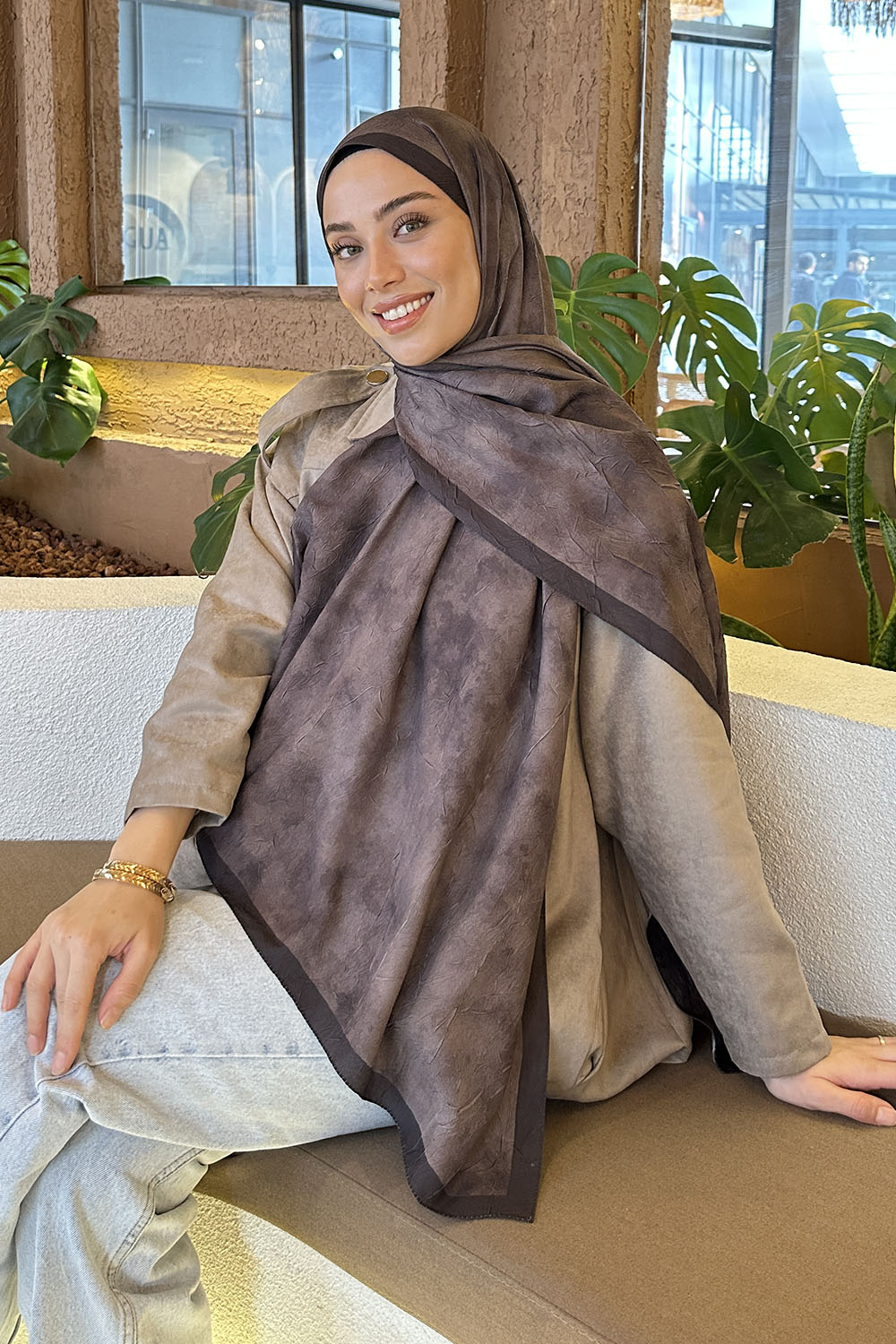 Lamelif Bulut Desen Bambu Şal Acı Kahve