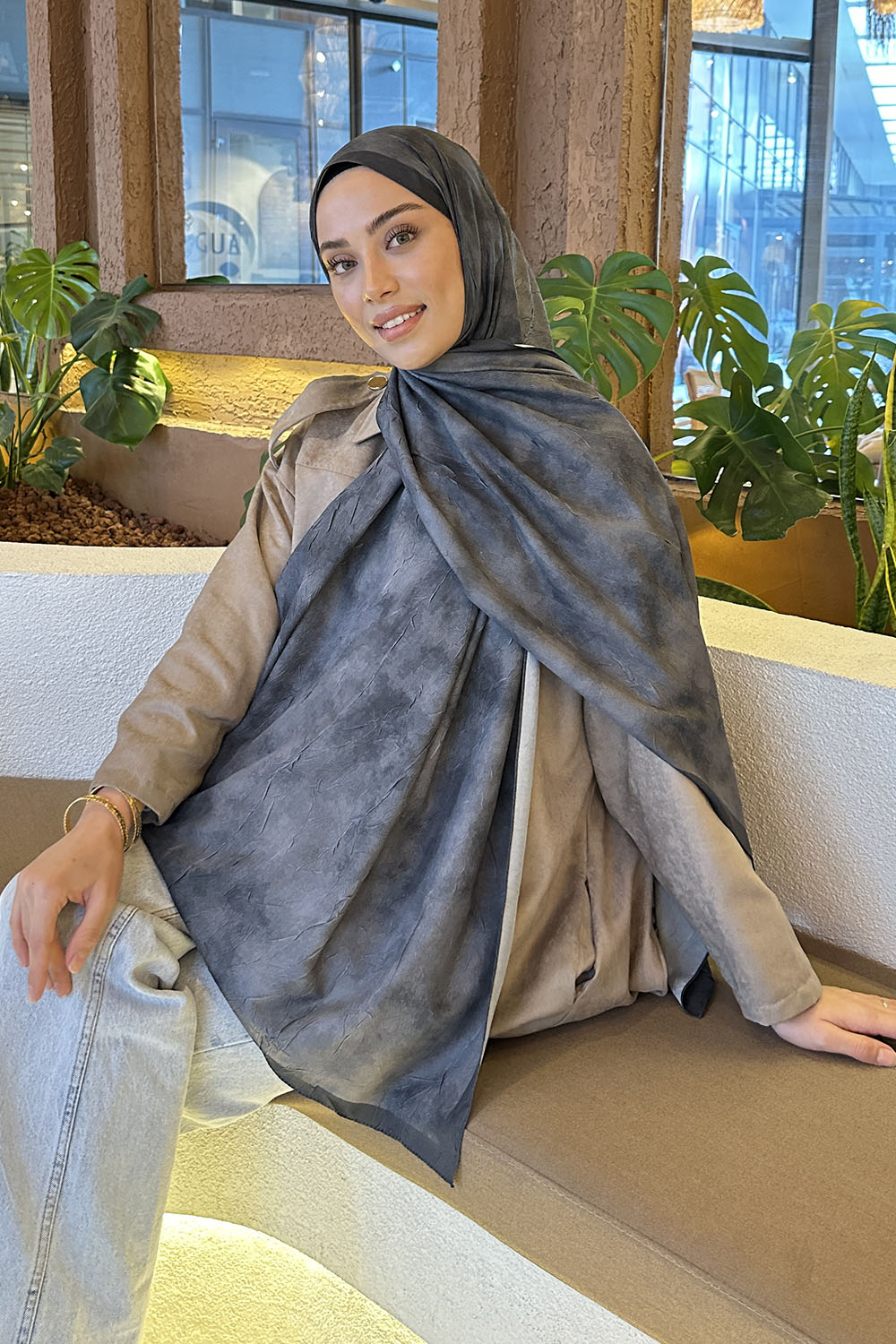 Lamelif Bulut Desen Bambu Şal Antrasit