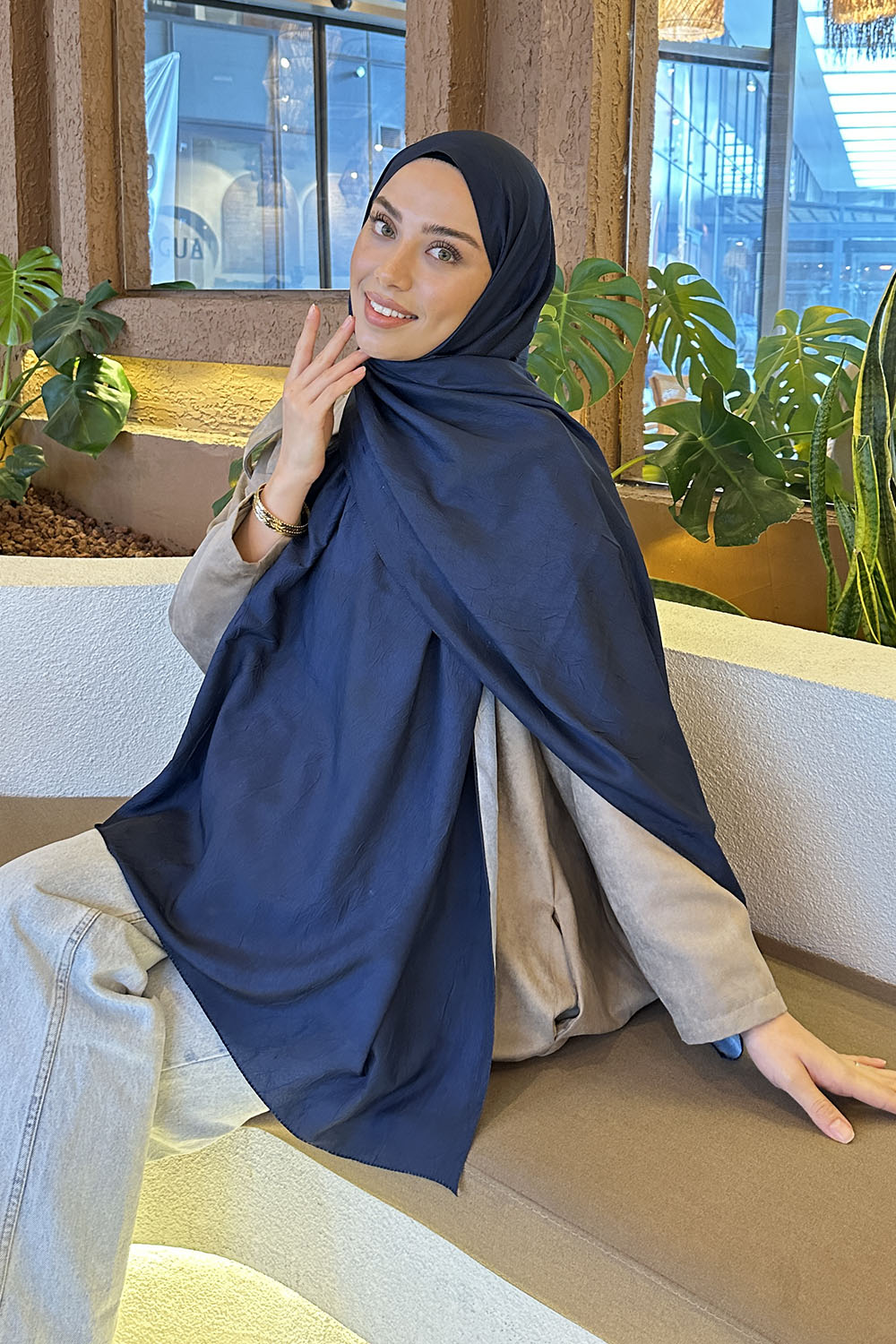 Lamelif Bulut Desen Bambu Şal Lacivert