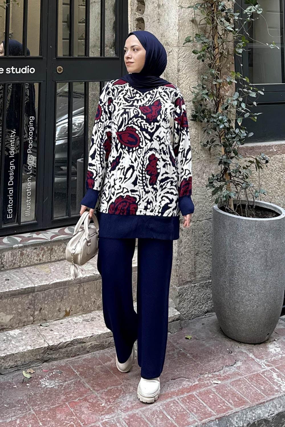 Lamelif Desenli Triko Takım Lacivert