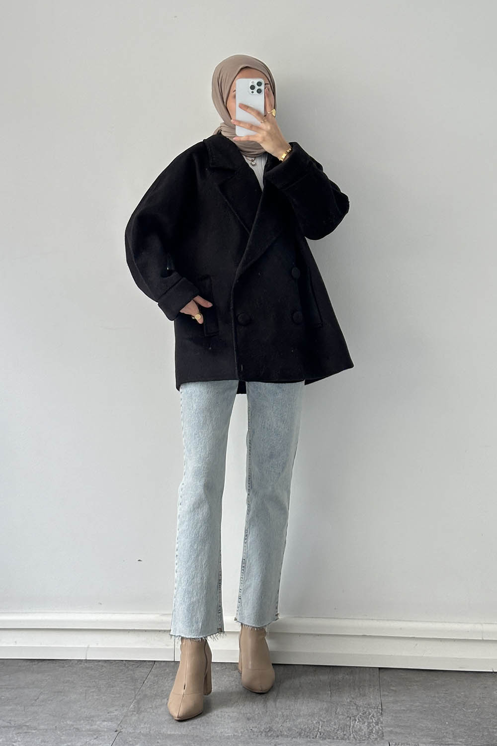 Lamelif Düğmeli Kruvaze Kaban Siyah