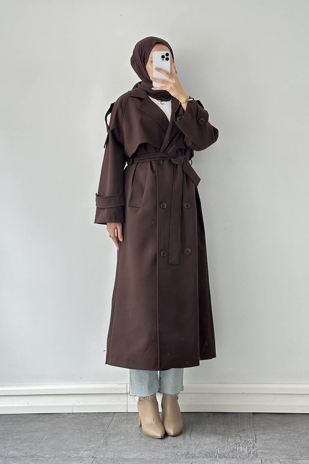 Lamelif Fleto Cep Omuz Apoletli Trençkot Acı Kahve