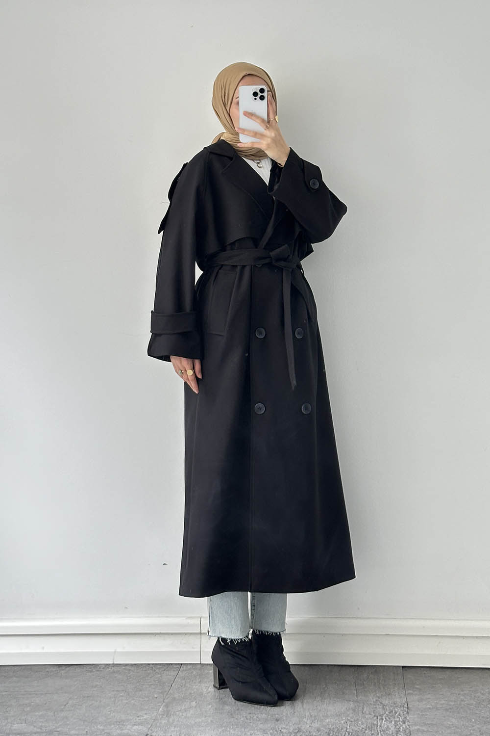 Lamelif Fleto Cep Omuz Apoletli Trençkot Siyah