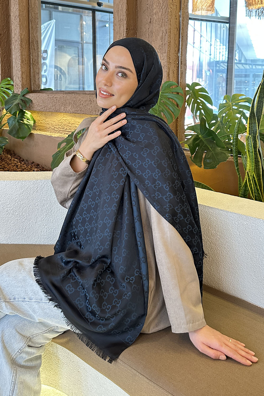Lamelif G Desen Kaşmir Çift Taraflı Şal Lacivert Mavi