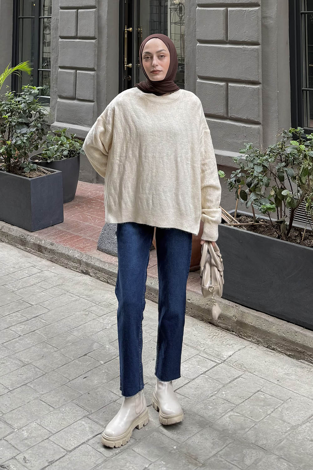 Lamelif Kendinden Desenli Triko Kazak Natural