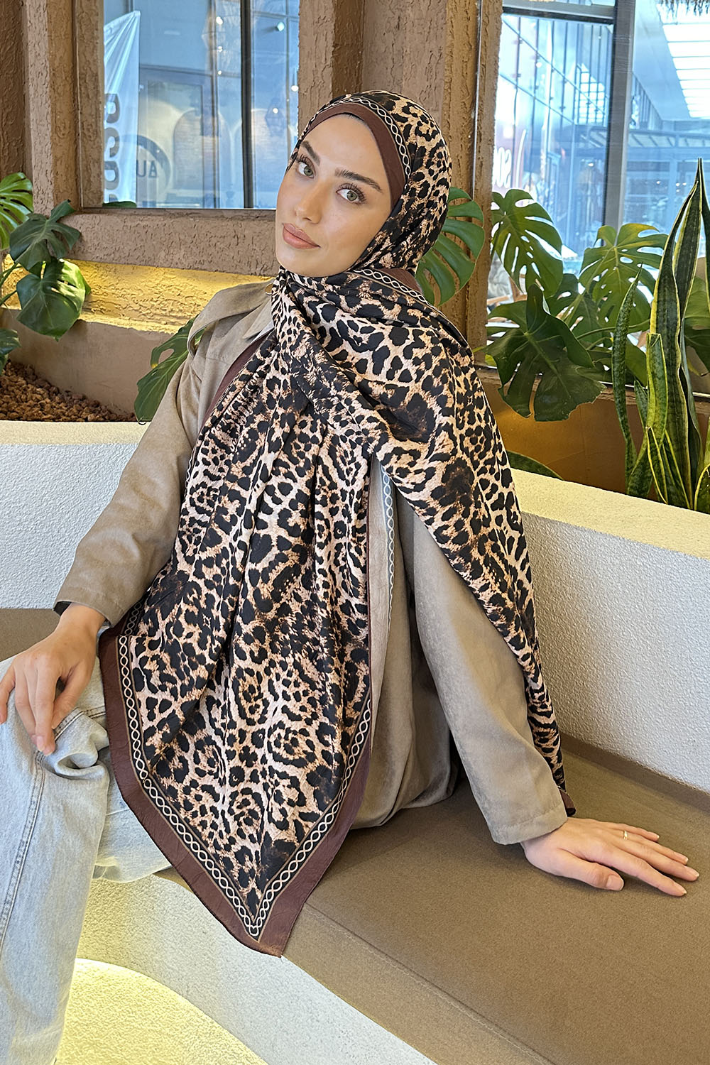 Lamelif Leopar Desen Bambu Şal Kahverengi