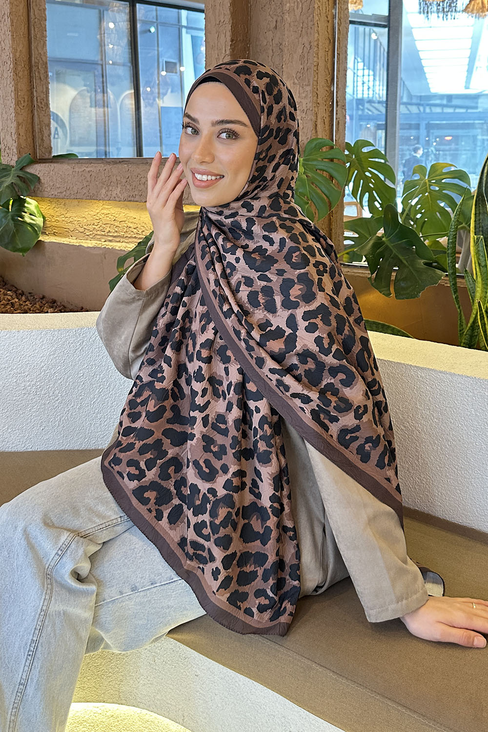 Lamelif Leopar Desen Bambu Şal Soft Kahve