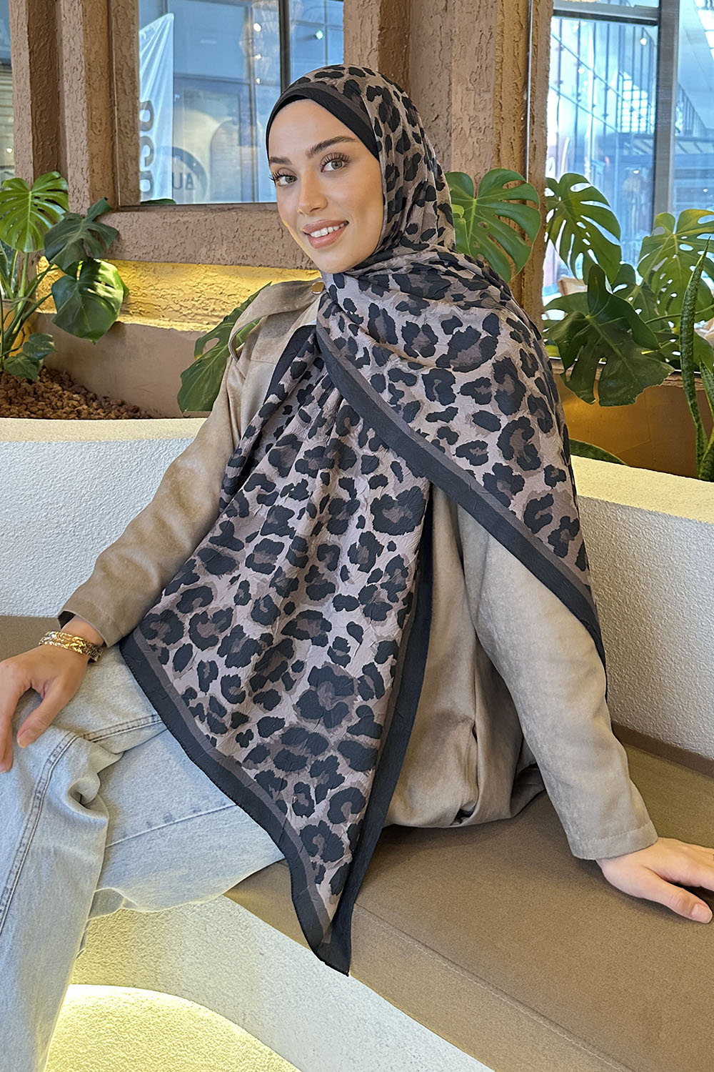 Lamelif Leopar Desen Bambu Şal Toprak