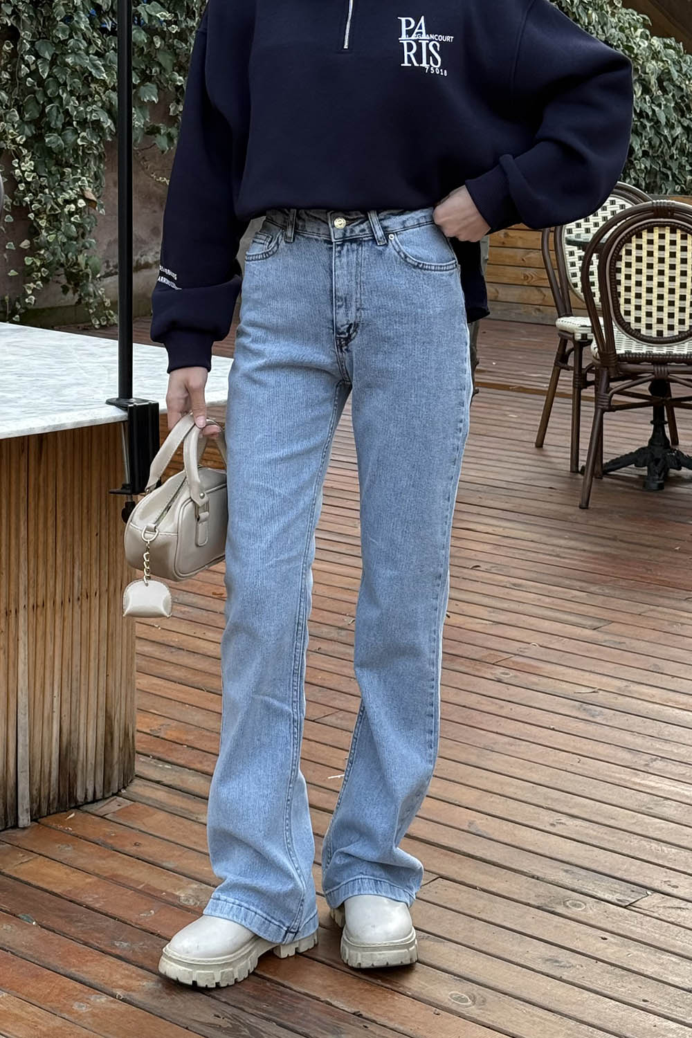 Ice Blue Cotton Denim Elastan High Waist Denim Pants