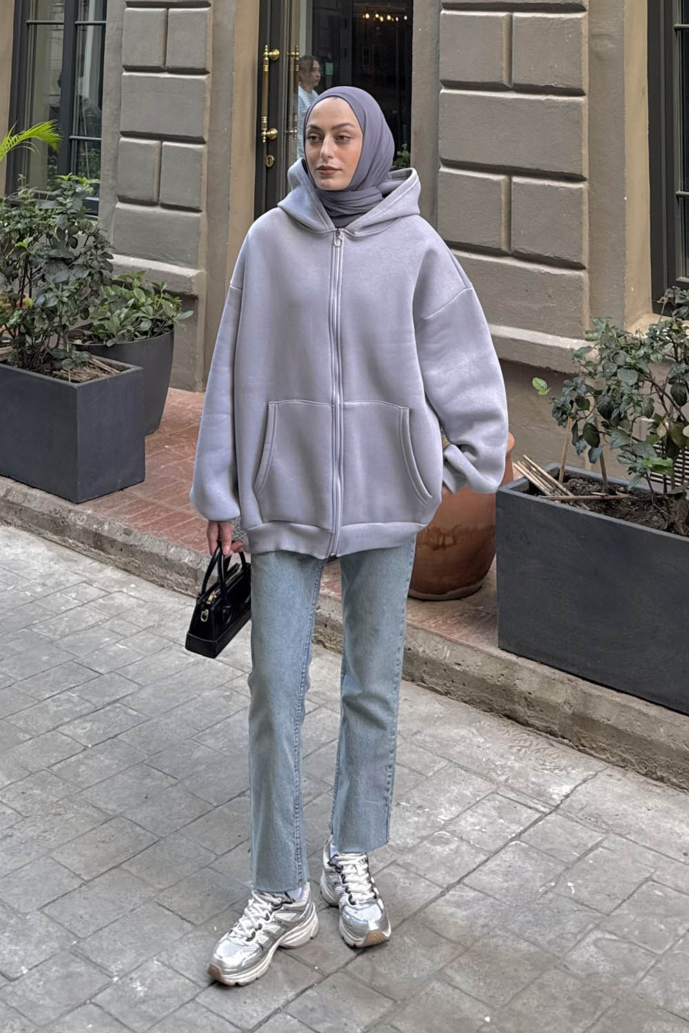 Lamelif Ön Fermuarlı Düz Sweatshirt Açık Gri