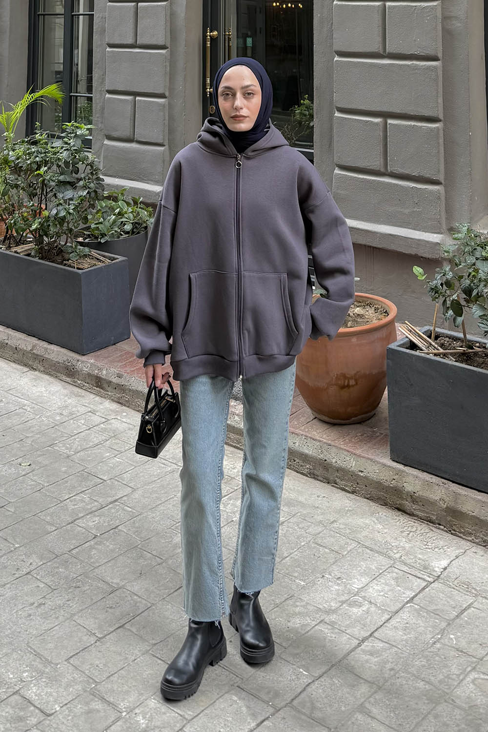 Lamelif Ön Fermuarlı Düz Sweatshirt Antrasit