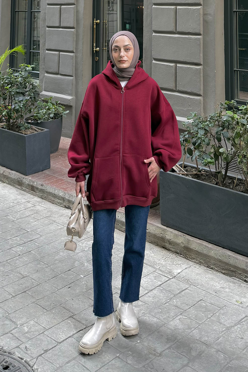 Lamelif Ön Fermuarlı Düz Sweatshirt Bordo
